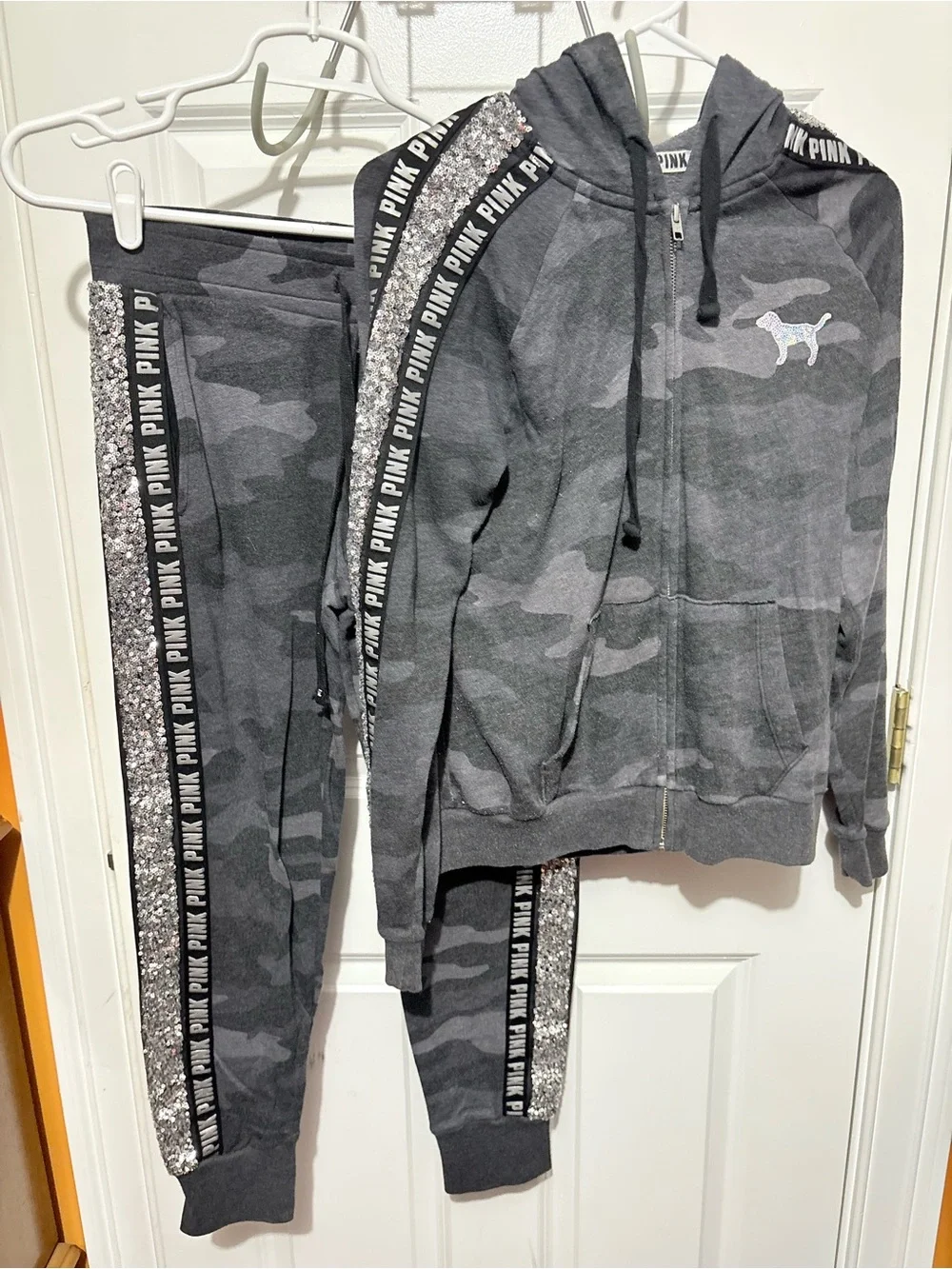 Rare Victoria’s Secret PINK Gray Camo Zip Hoodie & Joggers with Sequin Stripe